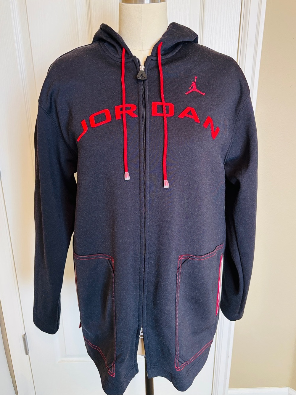 Jordan Black Hoodie with Red Accents, Extra long Design with dual zippers